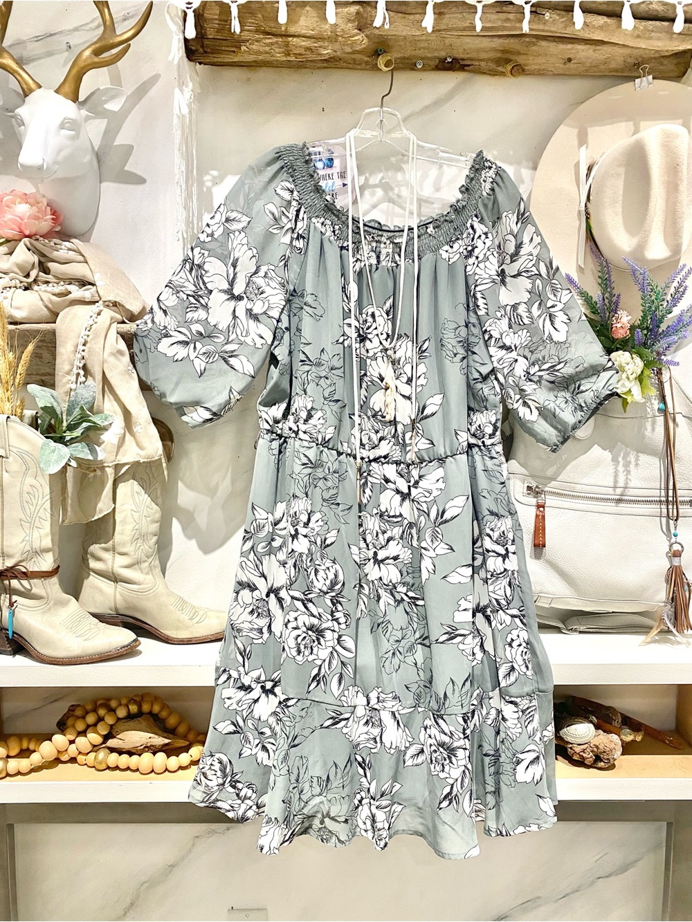 Sage green floral off the shoulder boho dress w resort vacay shabby chic vibe